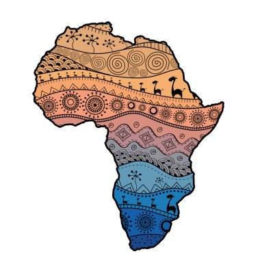 Afrika 'nın dokulu vektör haritası. Elle çizilmiş etnik model, kabile geçmişi. Vektör çizimi. Soyut Renkli Arkaplan