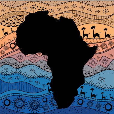 Afrika 'nın dokulu vektör haritası. Elle çizilmiş etnik model, kabile geçmişi. Vektör çizimi. Soyut Renkli Arkaplan