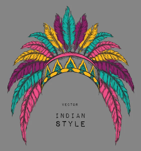 Native American Indian chief gekleurd. Rode en zwarte voorn. Indiase veren hoofdtooi van adelaar. — Stockvector