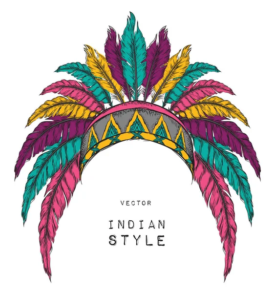 Native American Indian chief gekleurd. Rode en zwarte voorn. Indiase veren hoofdtooi van adelaar. — Stockvector