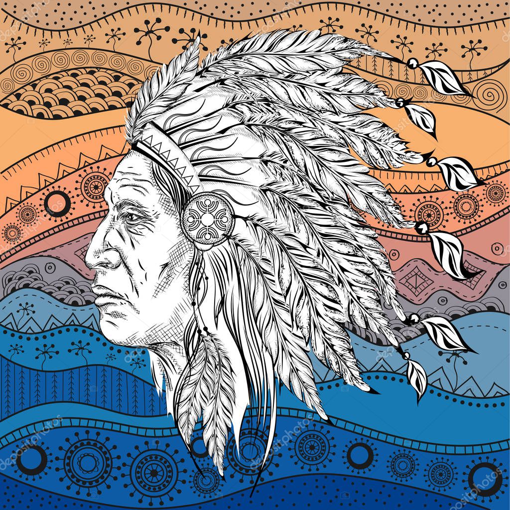 Man in the Native American Indian chief. Black roach. Indian feather headdress of eagle.  Hand draw vector illustration