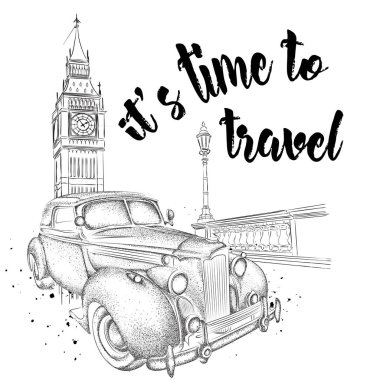 Elle çizilmiş vintage kartpostal. Arka plan bir araç. Londra, Big Ben. Vektör çizim