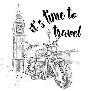 El vintage motosiklet arka plan üzerinde çekilmiş. Londra, Big Ben. Vektör çizim