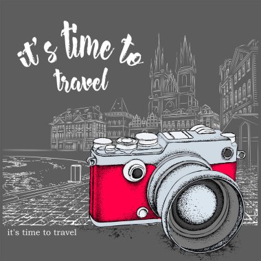 El kentsel peyzaj Vintage kroki üzerinde çizilmiş vintage kamera. Prag eski şehir. Kavram çalıştırın. Londra, Big Ben. Vektör çizim