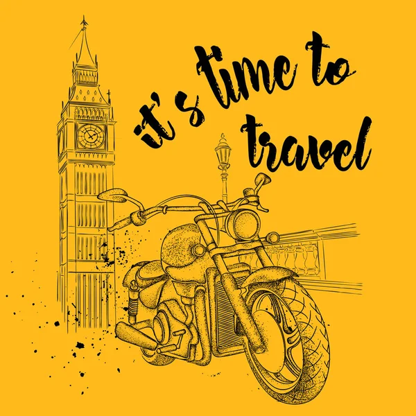 Motocicleta vintage dibujada a mano sobre fondo. Londres, Big Ben. Ilustración vectorial — Archivo Imágenes Vectoriales