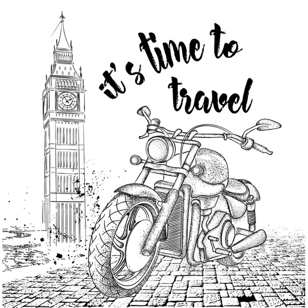 Motocicleta vintage dibujada a mano sobre fondo. Londres, Big Ben. Ilustración vectorial — Archivo Imágenes Vectoriales