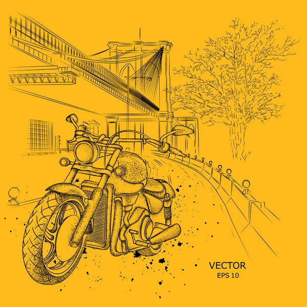 Handgezeichnetes Motorrad im Hintergrund. new york, brooklyn concept. handgezeichnete Vektor-Illustration — Stockvektor