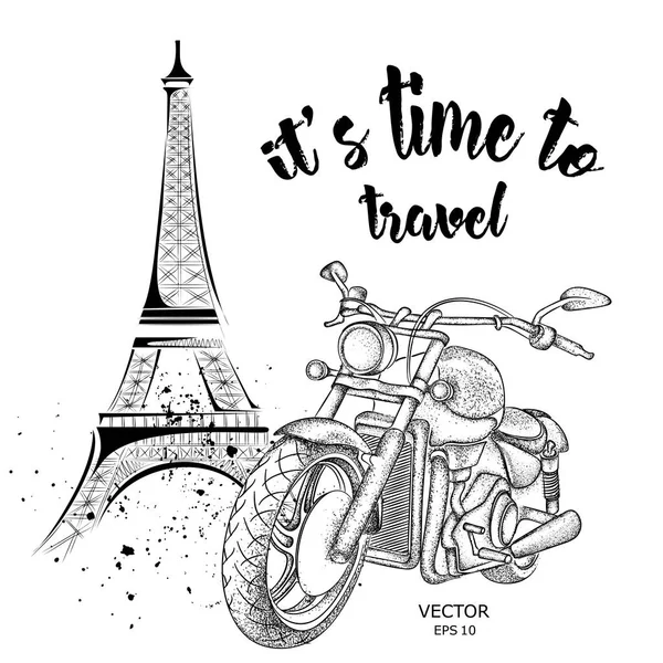 Handgezeichnetes Oldtimer-Motorrad im Hintergrund. Frankreich, Paris, Eiffelturm. Vektorillustration — Stockvektor