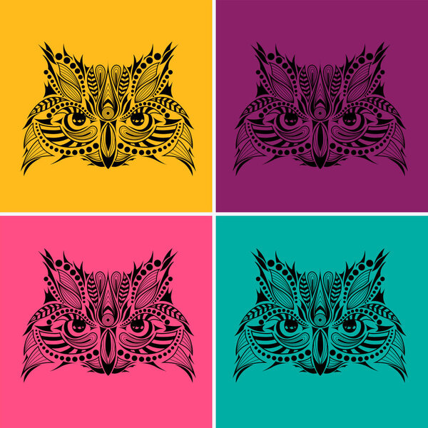 Patterned  head of an owl. Pop art style vector illustration.