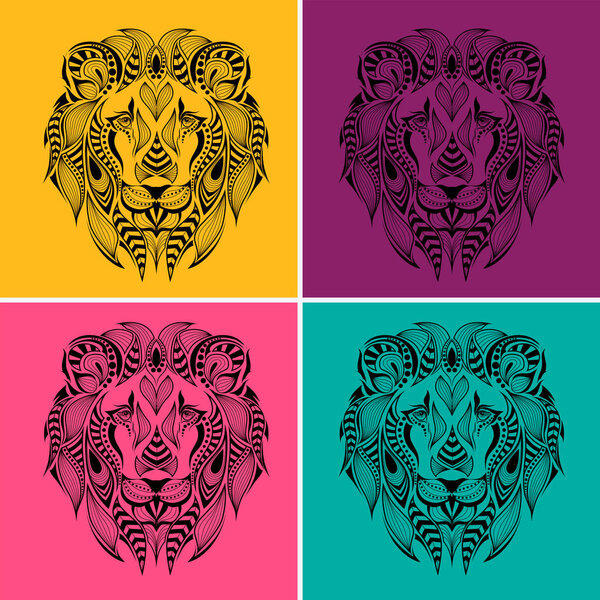 Patterned colored head of the lion. Pop art style vector illustration.