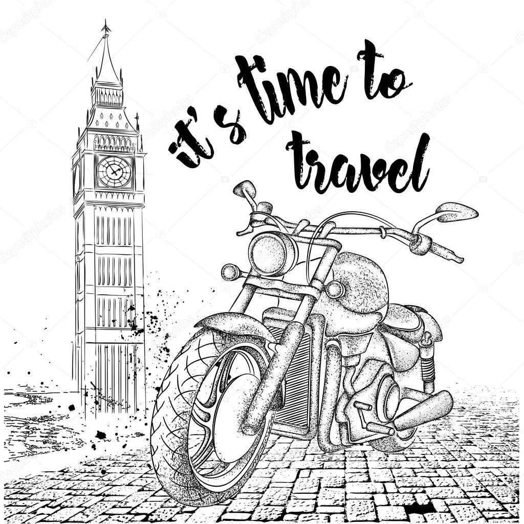 Hand drawn vintage motorcycle on background. London, Big Ben. Vector illustration