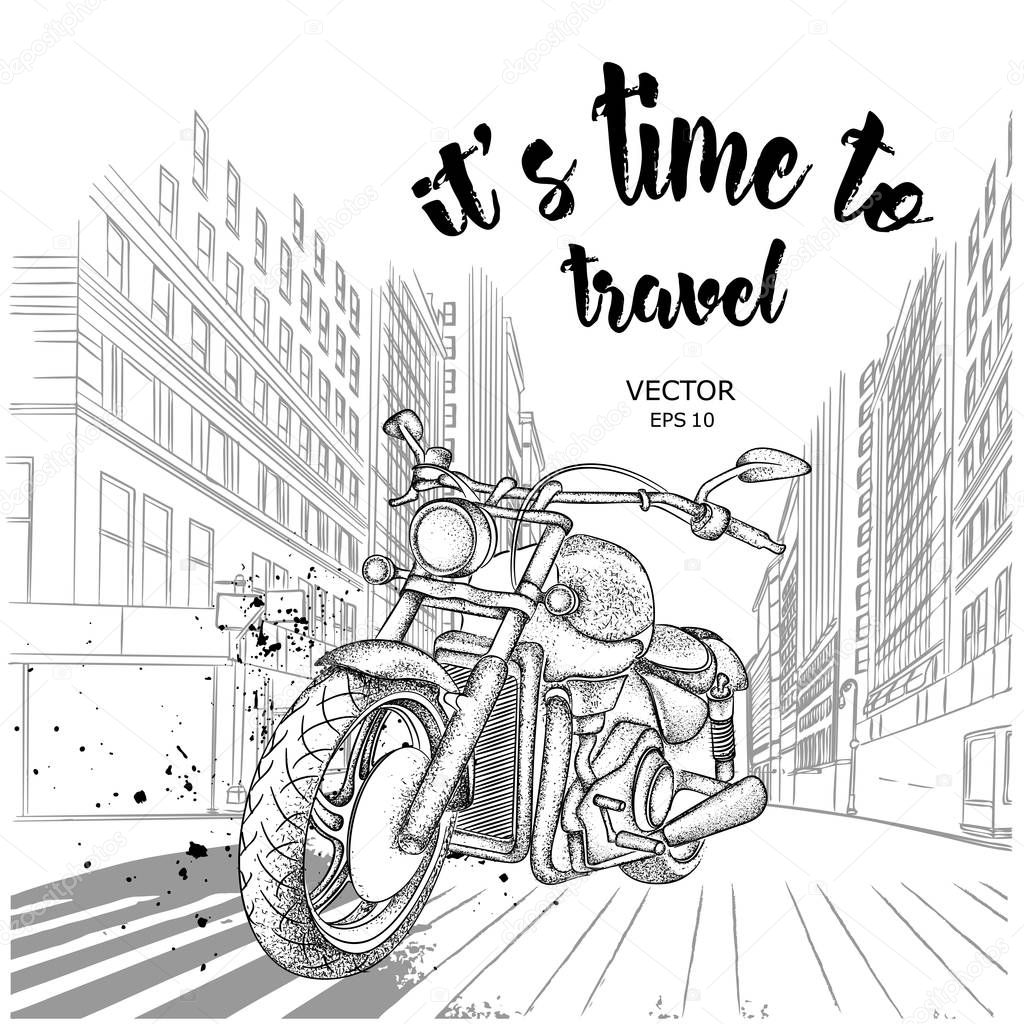 Hand drawn motorcycle on background. New York hand drawn vector illustration