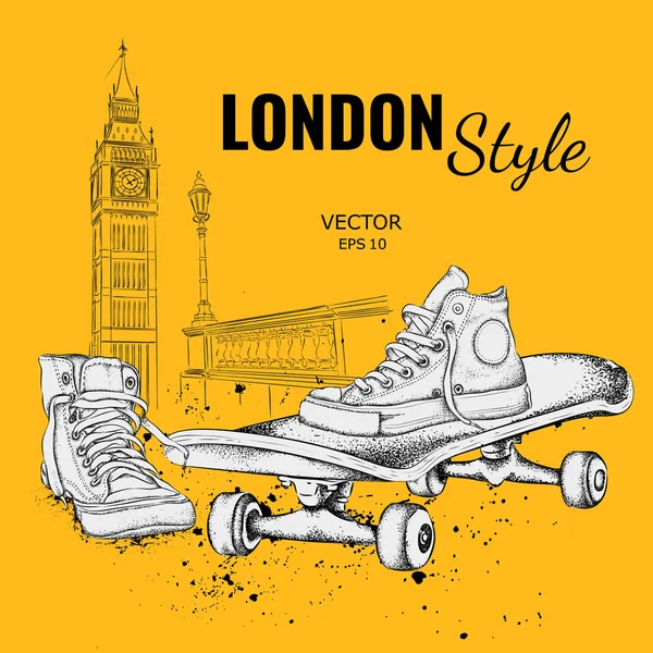 Hand getekende Vector sneakers en Skate. Londen achtergrond. Vector — Stockvector