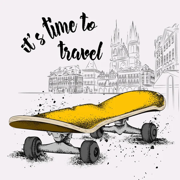 Skate And Grunge Texture Background. La vieja ciudad de Praga. Vector — Archivo Imágenes Vectoriales