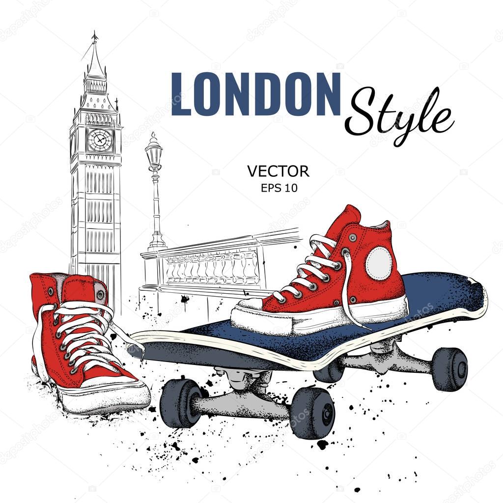 Hand drawn Vector sneakers and Skate. London background. Vector