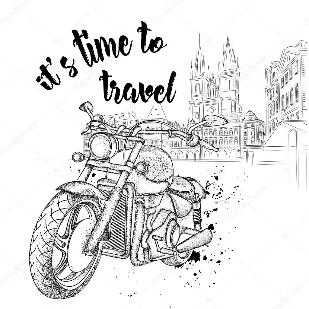 Hand drawn vintage motorcycle on background. The old city of Prague. Vector illustration