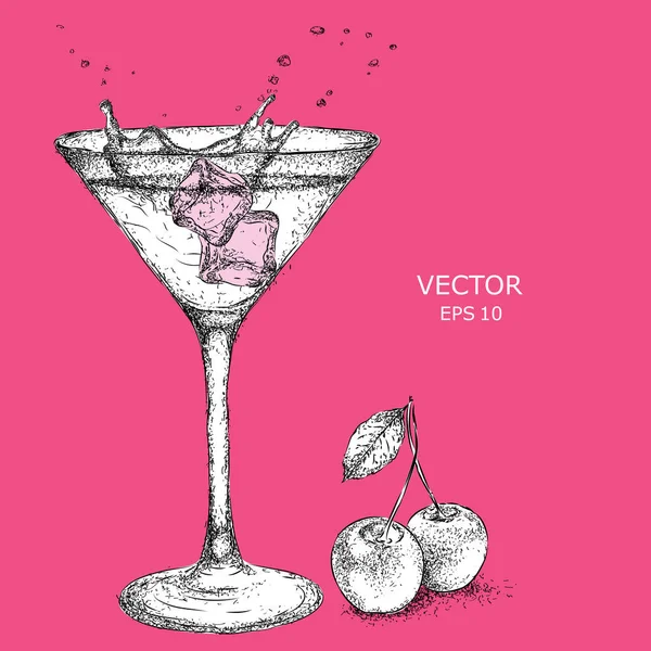 Hand dras martini cocktail i glas med körsbär. Vektorillustration — Stock vektor