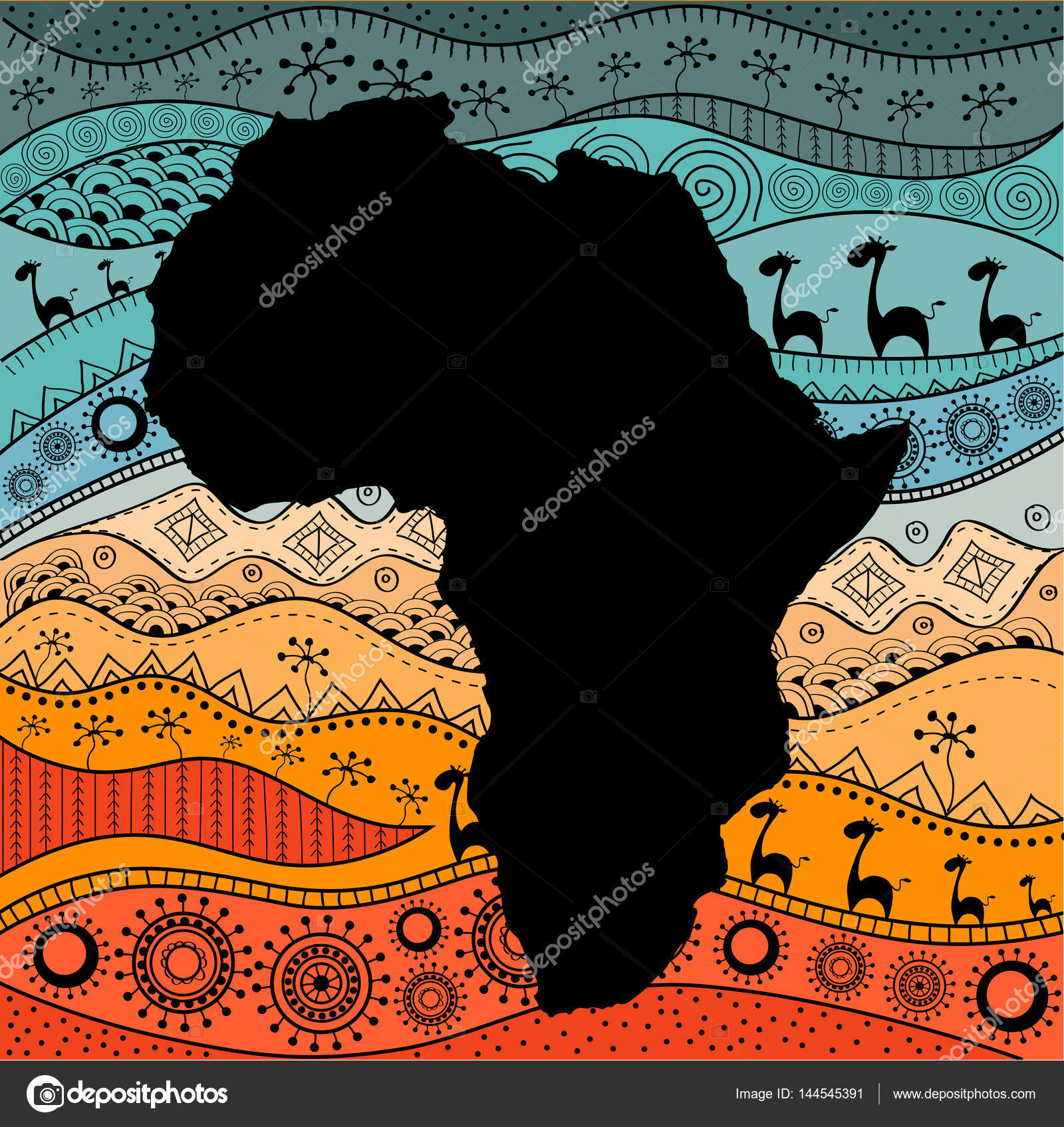 Textured Vector Map Of Africa Hand Drawn Ethno Pattern Tribal