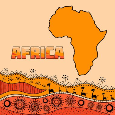 Afrika tarzı tasarım şablonu. Etnik desen Afrika geleneksel öğeleri. Resim yazısı süsler ile dolu. Siluet anakara. Vektör çizim
