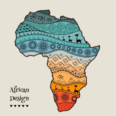 Afrika 'nın dokulu vektör haritası. Elle çizilmiş etnik model, kabile geçmişi. Vektör çizimi. Soyut Renkli Arkaplan