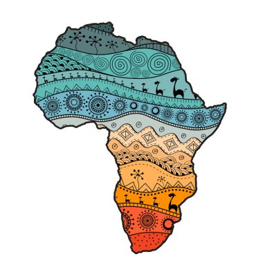 Afrika 'nın dokulu vektör haritası. Elle çizilmiş etnik model, kabile geçmişi. Vektör çizimi. Soyut Renkli Arkaplan