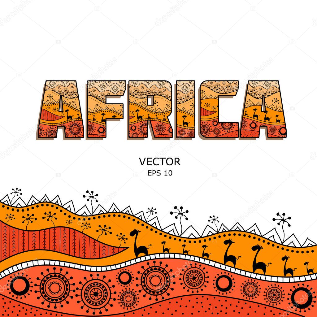 Template for design in the African style. African traditional elements of ethnic patterns. Caption filled with ornaments. Silhouette mainland. Vector illustration