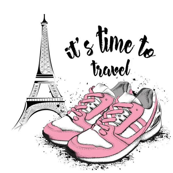 Zapatillas de deporte dibujadas a mano sobre fondo. Ejecutar Concepto. Francia, París, Torre Eiffel. Ilustración vectorial — Archivo Imágenes Vectoriales