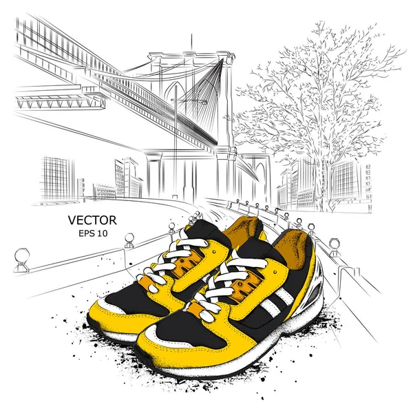 Hand ritat sneakers på bakgrunden. Kör konceptet. New York hand dras vektorillustration — Stock vektor