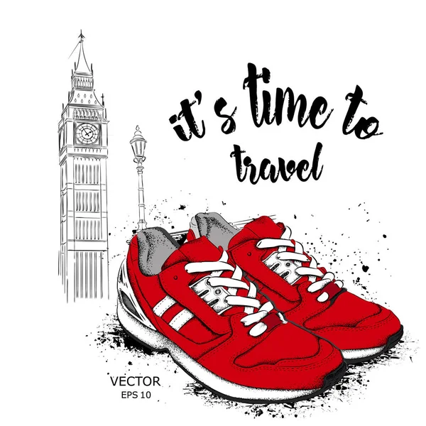 Zapatillas de deporte dibujadas a mano sobre fondo. Ejecutar Concepto. Londres, Big Ben. Ilustración vectorial — Vector de stock