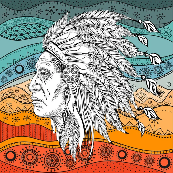 Ο άνθρωπος το Native American Indian προϊστάμενος σε έθνικ μοτίβο, tribal φόντο. Κόμμωση Ινδικό φτερό του αετού. Εικονογράφηση διάνυσμα κλήρωση χέρι — Διανυσματικό Αρχείο