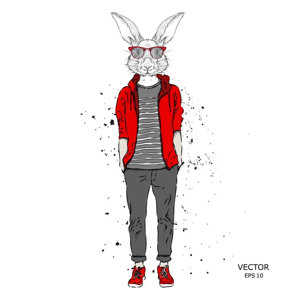 Hipster dressed rabbit up in jacket, pants and sweater. The old city of Prague. Vector illustration, — Stock Vector