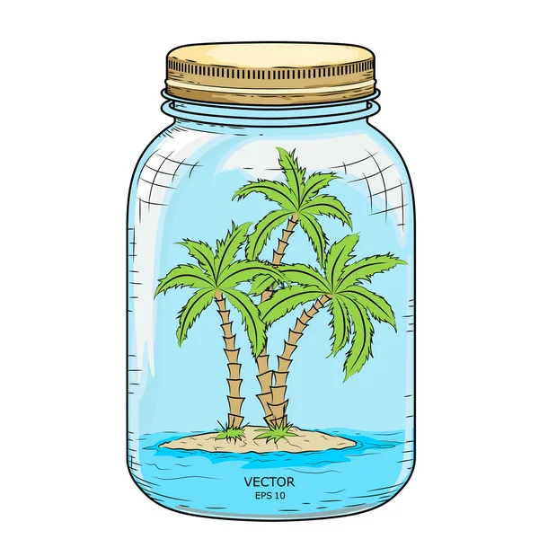 Wyspa z palmami wewnątrz banku szkła. Ilustracja wektorowa — Wektor stockowy