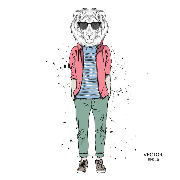 Hipster león vestido con chaqueta, pantalones y suéter. Ilustración vectorial — Archivo Imágenes Vectoriales