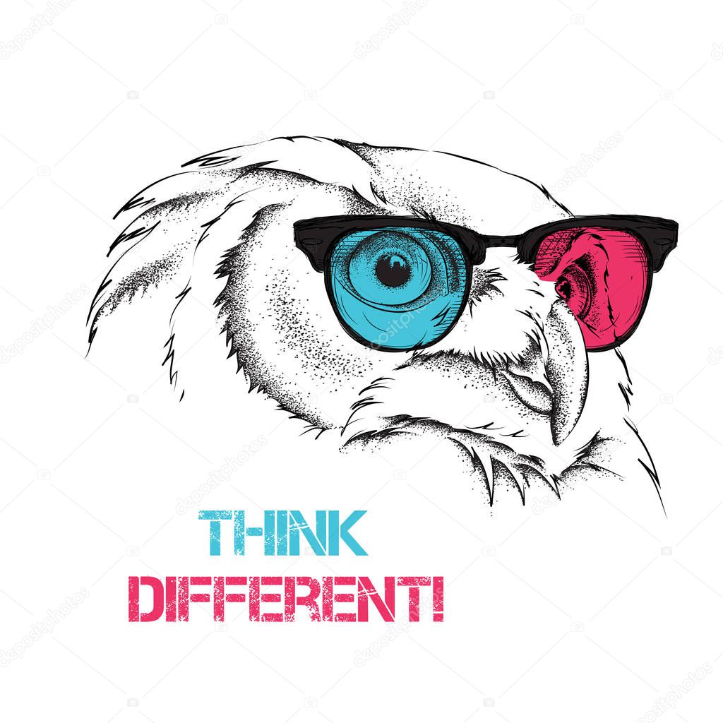 Portrait of the owl in the colored glasses. Think different. Vector illustration.