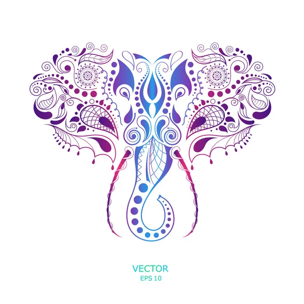 Cabeza coloreada modelada del elefante. Diseño africano / indio / tótem / tatuaje. Se puede utilizar para el diseño de una camiseta, bolso, postal y póster . — Vector de stock