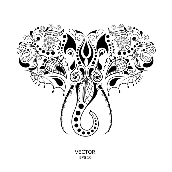 Gemusterter farbiger Elefantenkopf. afrikanisch / indisch / totem / tattoodesign. es kann für die Gestaltung eines T-Shirts, einer Tasche, einer Postkarte und eines Posters verwendet werden. — Stockvektor