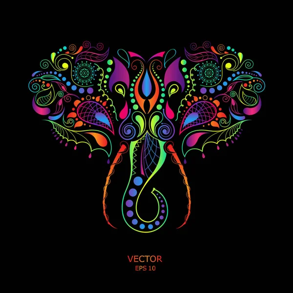 Cabeza coloreada modelada del elefante. Diseño africano / indio / tótem / tatuaje. Se puede utilizar para el diseño de una camiseta, bolso, postal y póster . — Vector de stock