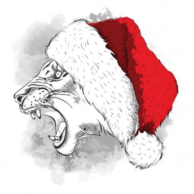 Sunni Noel poster ile görüntü aslan portre hip-hop şapkalı. Vektör çizim.