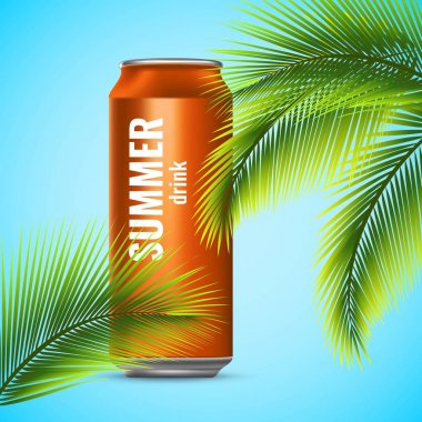 Enerji içeceği teneke bir kutuda. Palmiye dalları. İçki soğutma uçuş. 3D illüstrasyon vektör
