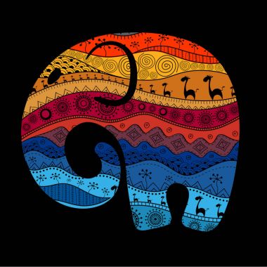 Bir fil silüeti Afrika Ulusal desenleri ile dolu. Vektör illustrationsilhouette bir fil Afrika Ulusal desenleri ile dolu. Vektör çizim