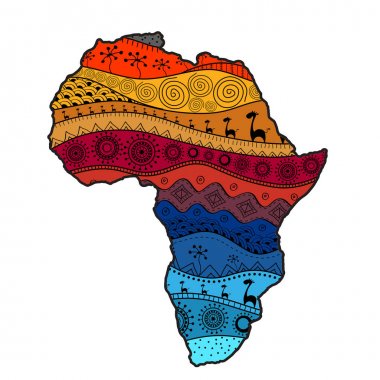 Afrika 'nın dokulu vektör haritası. Elle çizilmiş etnik model, kabile geçmişi. Vektör çizimi. Soyut Renkli Arkaplan