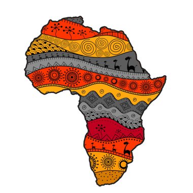 Afrika 'nın dokulu vektör haritası. Elle çizilmiş etnik model, kabile geçmişi. Vektör çizimi. Soyut Renkli Arkaplan