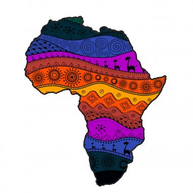 Afrika 'nın dokulu vektör haritası. Elle çizilmiş etnik model, kabile geçmişi. Vektör çizimi. Soyut Renkli Arkaplan