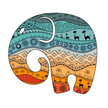 Bir fil silüeti Afrika Ulusal desenleri ile dolu. Vektör illustrationsilhouette bir fil Afrika Ulusal desenleri ile dolu. Vektör çizim