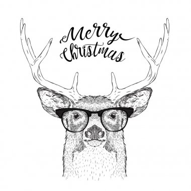 Noel poster ile görüntü geyik portre Noel Baba'nın şapkalı. Vektör çizim.