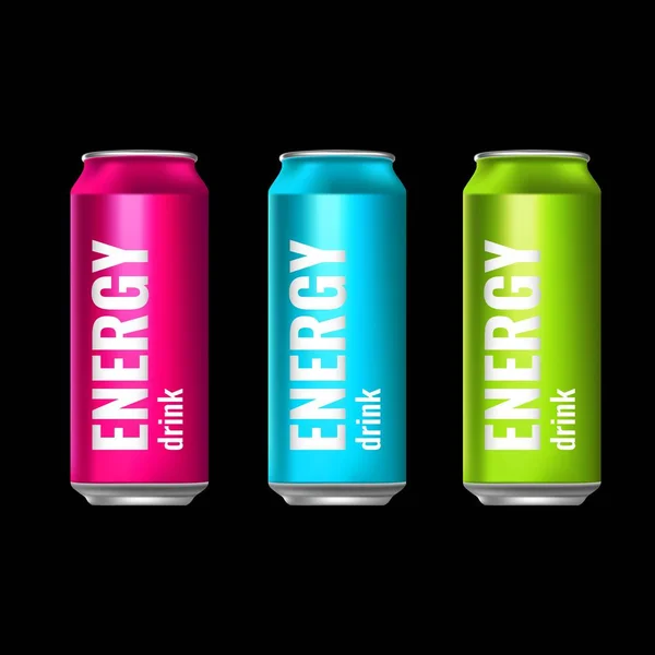 Un conjunto de bebidas energéticas en latas de estaño. Bebidas refrescantes. Ilustración vectorial 3d — Archivo Imágenes Vectoriales