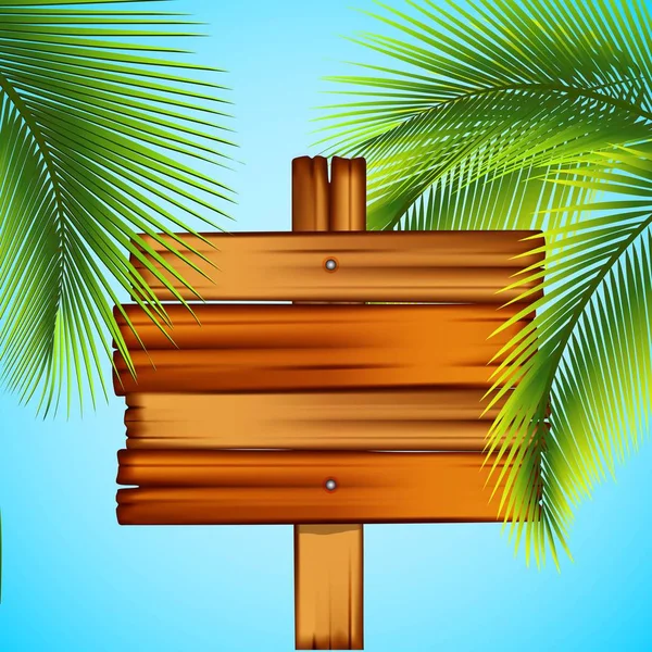 Wooden signboard in palm trees. Vector illustration — Stock Vector