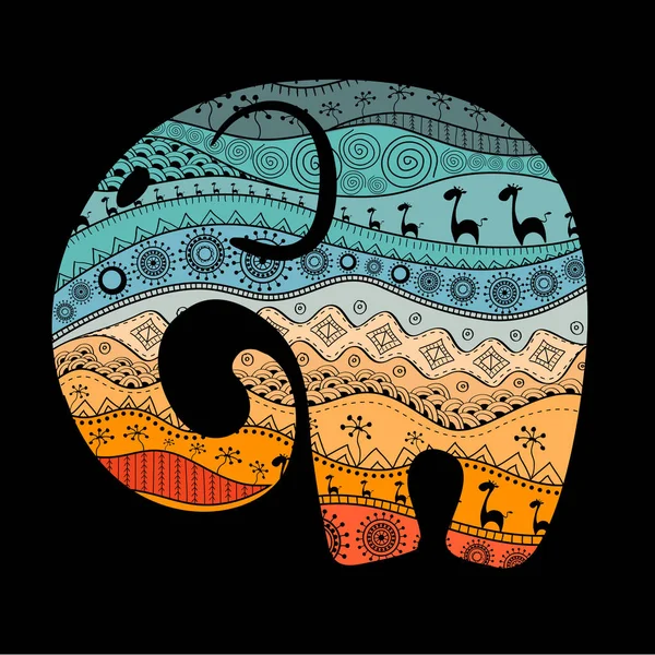 Siluetten av en elefant fylld med afrikanska nationella mönster. Vektorn illustrationsilhouette av en elefant fylld med afrikanska nationella mönster. Vektorillustration — Stock vektor