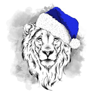 Sunni Noel poster ile görüntü aslan portre hip-hop şapkalı. Vektör çizim.