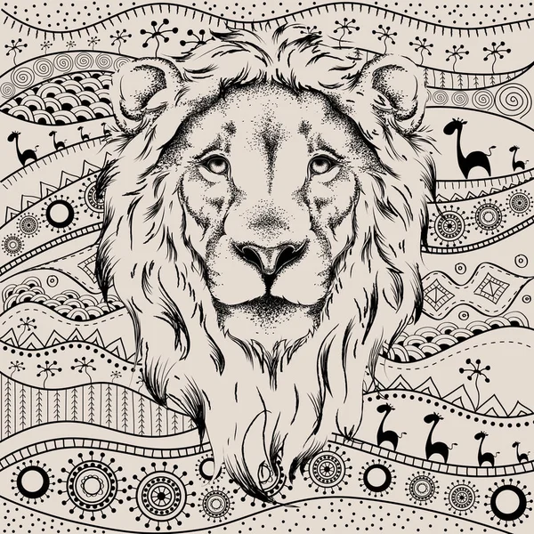 Etnica mano dibujo cabeza de león en africano dibujado a mano etno patrón. diseño de tótem / tatuaje. Utilizar para imprimir, carteles, camisetas. Ilustración vectorial — Vector de stock